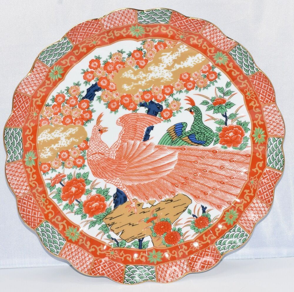 Large Japanese Arita Imari Peacock Scalloped Coupe Porcelain Platter
